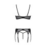 Комплект Passion LEAFA SET black S/M, мереживо+сітка, бюстгальтер на кісточках, стрінги, пояс для панчіх