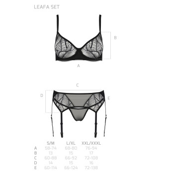 Комплект Passion LEAFA SET black S/M, мереживо+сітка, бюстгальтер на кісточках, стрінги, пояс для панчіх
