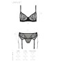 Комплект Passion LEAFA SET black S/M, мереживо+сітка, бюстгальтер на кісточках, стрінги, пояс для панчіх