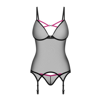 Корсет Obsessive Novenes corset & thong, XL/2XL, прозрачный, открытая спина, стринги в комплекте