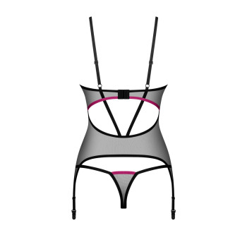 Корсет Obsessive Novenes corset & thong, XL/2XL, прозрачный, открытая спина, стринги в комплекте