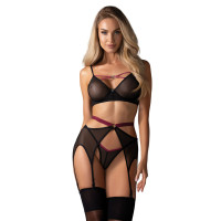 Комплект Obsessive Novenes 3-pcs set, XL/2XL, прозрачный лиф на косточках, стринги, пояс