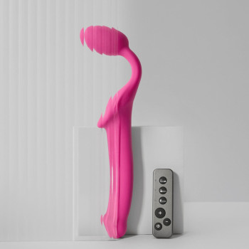 Безремінний страпон з вібрацією Strap-On-Me Vibrating Fuchsia M, діаметр 3,8 см, пульт ДК, регульований