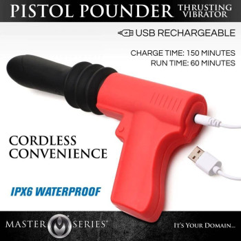 Вібратор у формі пістолета, із фрикціями Master Series Pistol Pounder червоно-чорний