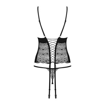 Комплект Obsessive Sharlotte корсет с пажами для чулков и трусики стринги, черный, S/M