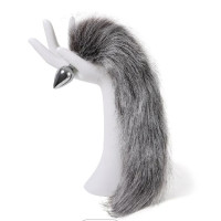 Анальна пробка з хвостом Anal plug faux fur fox tail light grey polyeste